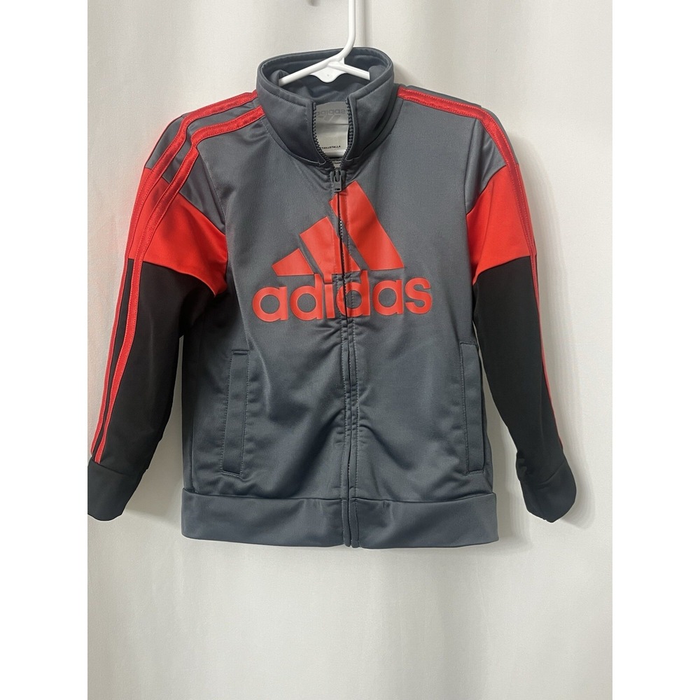 Adidas Jacket Boy Toddler‎ 3T Full Zip High Neck 3 Lines Grey Red Black (B9)
